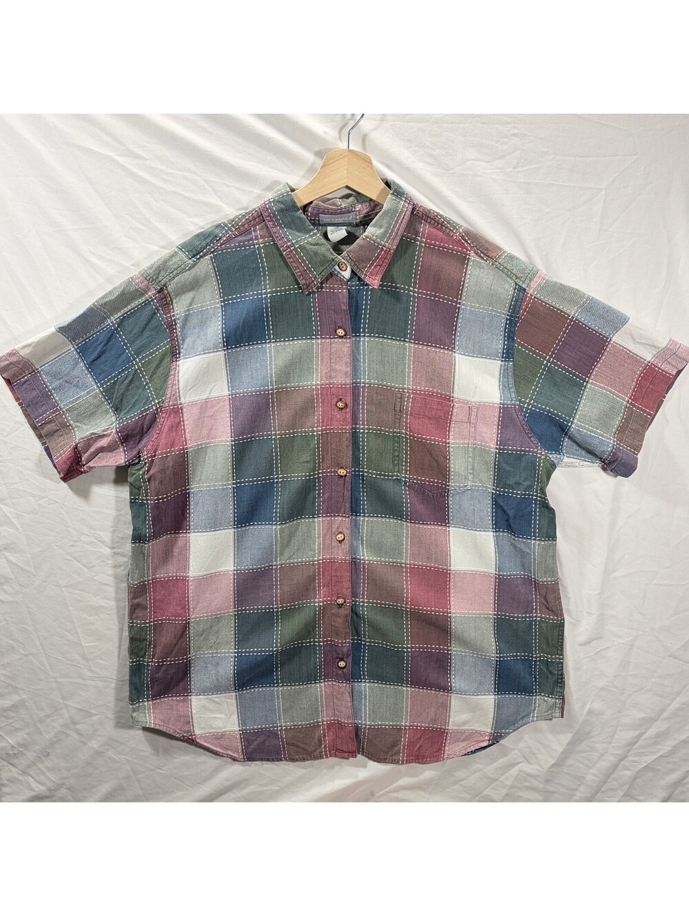 Plaid Button Down Short Sleeves Red White Green Blue XXL